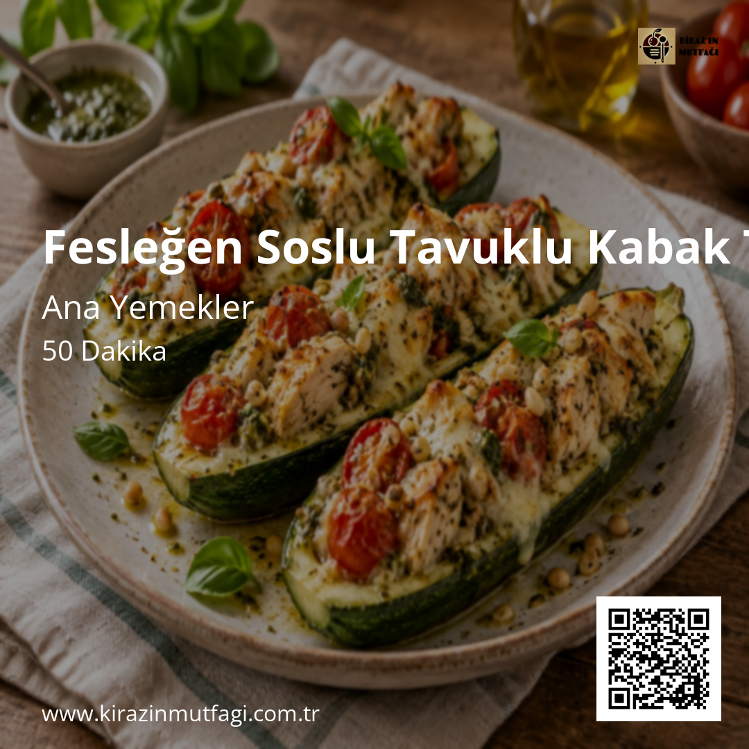 Fesleğen Soslu Tavuklu Kabak Tekneleri Instagram tarif kartı