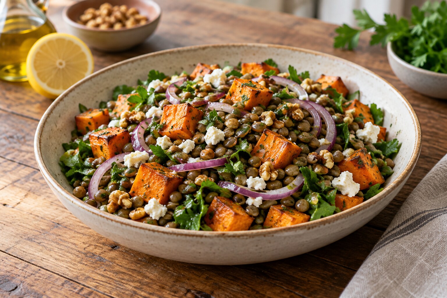 Ilık Tatlı Patatesli Yeşil Mercimek Salatası